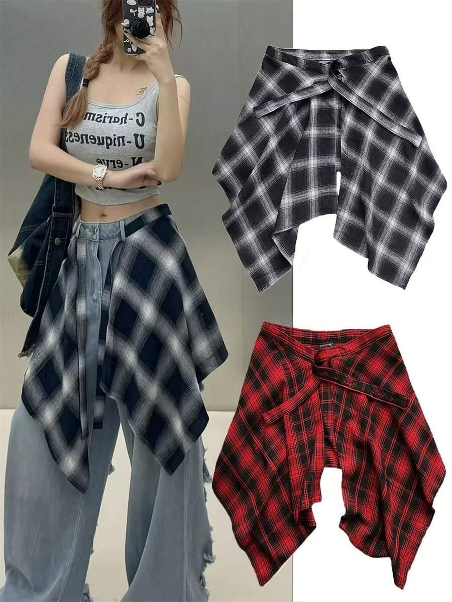 1pc Tie-Waist Asymmetric Plaid Hem Lace Skirt Overlay, Street Dance Costume Accessory - Multicolor - View 1