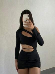 Women's Dress, Long Sleeve, Suplex Fabric. One Size Fits All, 38 To 42. Foreign Fashion And Stylish. - màu đen - Xem 4