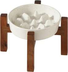 Ceramic Raised Slow Feeder Dog Bowl Set With Acacia Wood Stand - 1 x 香草白 + 支架 - C - 查看 10