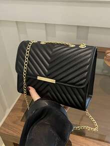 Fashionable Solid-Color Quilted Chain Shoulder Bag.Summer Bag.Black Bag - Black - View 2