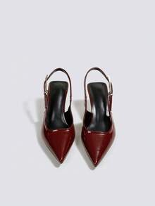 Women's Burgundy Patent Leather High Heel Sandals, Open Toe Party High Heels, Wedding Pumps, Kitten Heel Formal Shoes, Backless Ankle Strap Pointed Toe Slingback High Heels - Burgundy - View 2