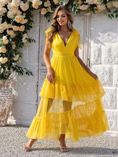 Joyfunear Women's Solid Color Knotted Shoulder Mesh Ruffle Hem Sleeveless Elegant Dress, Suitable For Vacation Summer