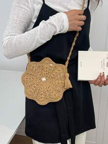 Handmade Crochet Flower Shaped Women Crossbody Pouch/Wallet, Summer - Khaki - View 3