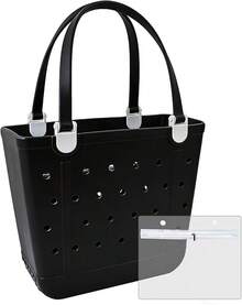 Medium Beach Bag, Waterproof Rubber Beach Bag, Washable Open Tote Bag Durable Tote Travel Bags For Outdoor Sport - 黑色 - 查看 10