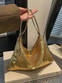 优雅亮片晚宴手拿包，女士正式派对手提包，温柔甜美女孩单肩包，纯色水桶包，新娘包 - 金色 - 查看 2