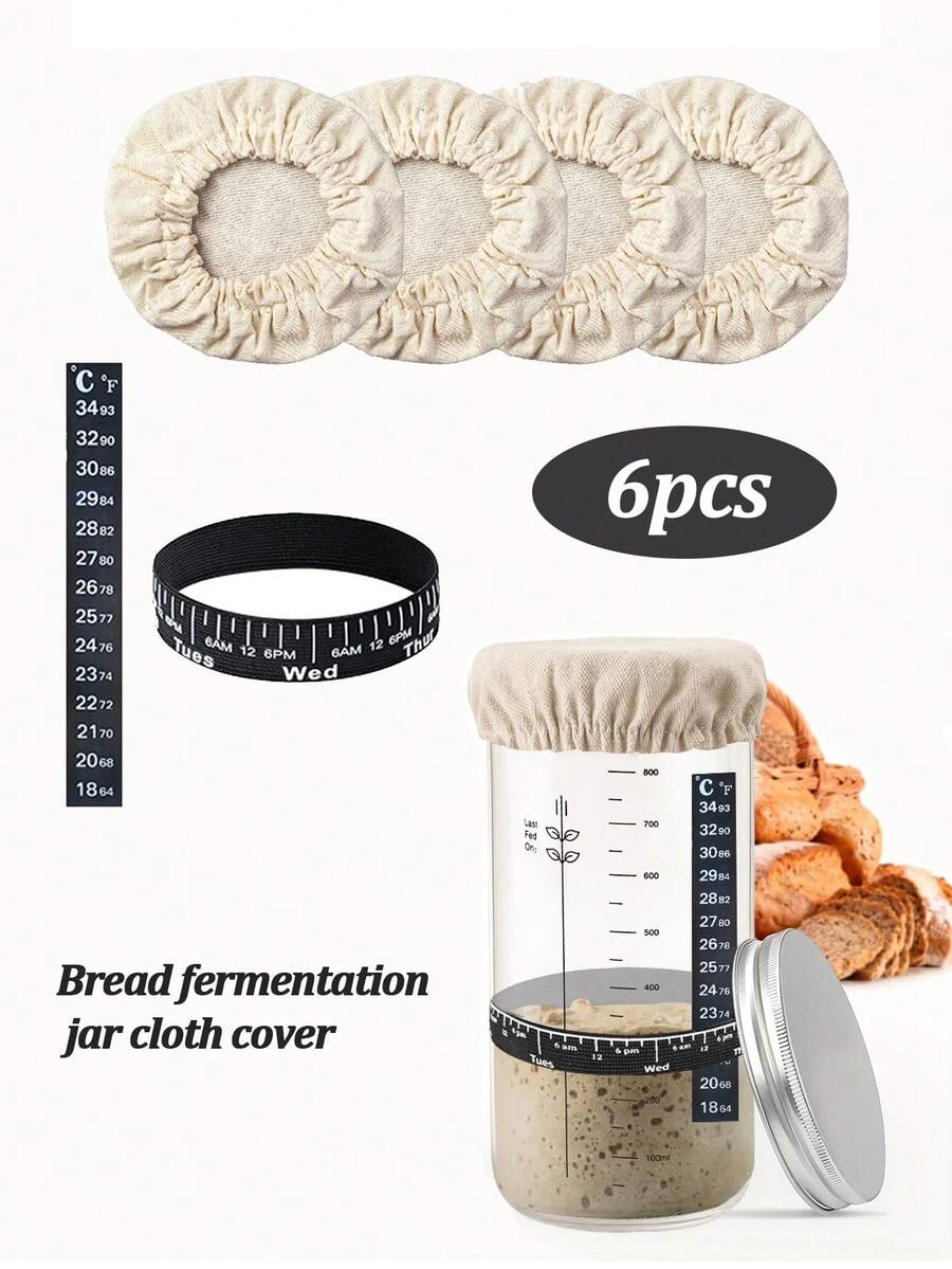 Sourdough Proofing Basket Covers, Includes 4 Reusable Linen Covers, Thermometer And Timer Strap, Fits 3-4 Inch Mason Jar Containers - View 1