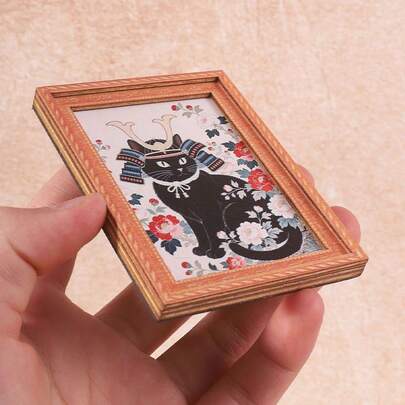 1pc Samurai Flower & Black Cat Pattern Wooden Fridge Magnet, Craft Gift Suitable For Home Fridge And Mailbox Decoration!