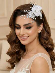 1 pièce Épingle à cheveux de mariée avec design floral élégant, décoré de perles et de strass. Accessoire de cheveux fait main convenant pour le mariage, les fêtes et les coiffures - Argent - Voir 5