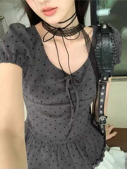 荷叶边拼接波点短袖衬衫，优雅修身纯色夏季女式上衣