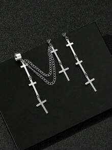 男士不锈钢多十字吊坠不对称耳环一对 - 銀色 - 查看 2