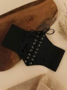 1件装女士文艺复兴风格黑色系列时尚宽腰带，可调节松紧带，适合万圣节和文艺复兴时期服装 - 黑色 - 查看 2