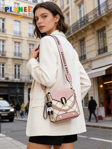 PLANEE Women's Crossbody Bag With Wide Letter Strap – Pink & Plaid Mini Shoulder Purse With Bear Charm, Chain & Fabric Dual Strap, Fashionable Small Handbag For Daily Use - Pink - View 6