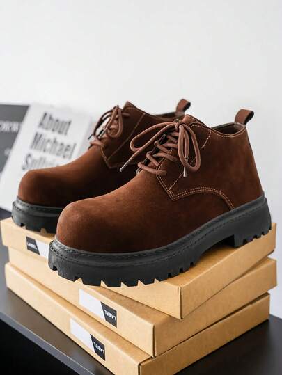 Brown Retro High-Quality Matte Leather Men's Boots, Lace-Up Anti-Slip Vintage Thick-Sole High-Top Leather Boots, Casual Outdoor Wear For Spring/Autumn
