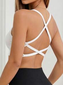 女士无缝针织罗纹性感无钢圈文胸，交叉肩带露背运动文胸 - 白色 - 查看 4
