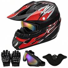 Casco de motocicleta para niños, incluye gafas, guantes, mascarilla y estampado de llamas rojas. - A - Ver 1