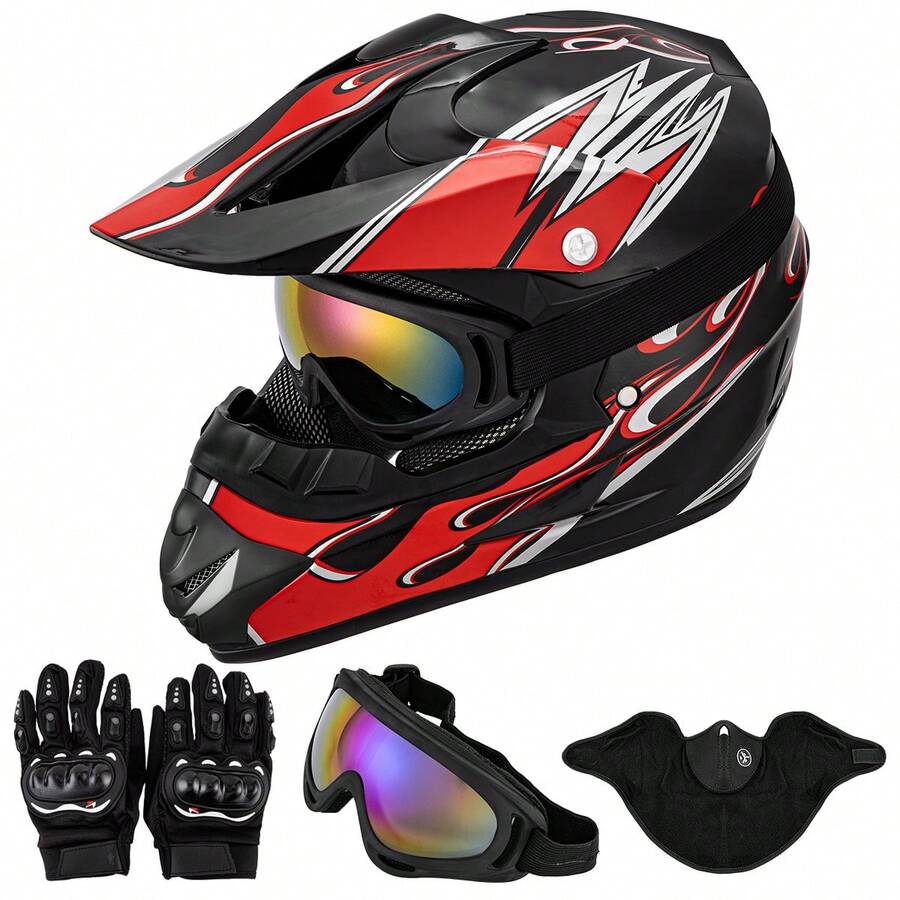 Casco de motocicleta para niños, incluye gafas, guantes, mascarilla y estampado de llamas rojas. - A - Ver 1