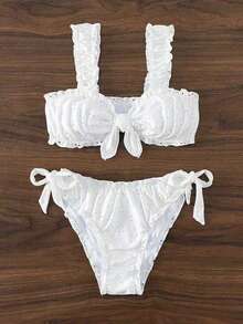 Bộ bikini mùa hè ngọt ngào với áo yếm xếp nếp và bikini tam giác buộc dây bên hông, kiểu dáng dự tiệc bãi biển, màu trắng. - trắng - Xem 3