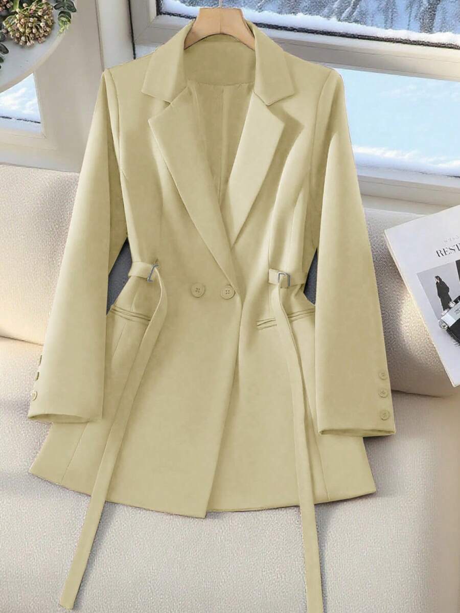 棕色系带双排扣女士西装外套，中长款修身通勤夹克，挺括垂坠面料，优雅休闲外套，适合25-45岁女性，春季穿着。 - 淡黃色 - 查看 1