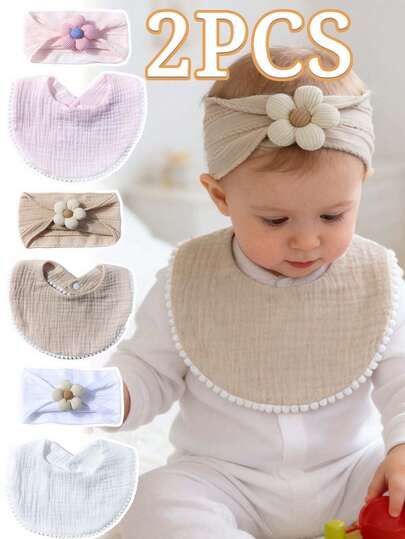 Bộ 2 món băng đô và yếm hoa cho bé, băng đô và yếm ăn bằng vải dệt kim mềm mại họa tiết hoa, khăn thấm hút tốt cho bé bú, phù hợp cho bé trai và bé gái.