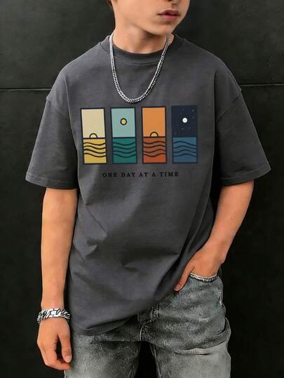 青少年男童印花短袖T恤，学生休闲夏季上衣