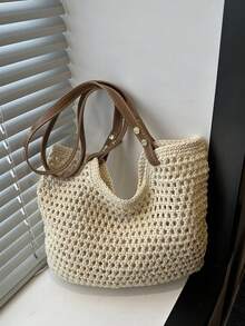 大容量休闲棉质单肩手提包，新款镂空网眼图案女士沙滩包 - 米色 - 查看 1