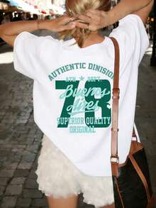 Women's Retro 73 Numeric & Letter Print T-Shirt, White Fashionable Casual Short Sleeve Round Neck Tee Summer - White - View 3