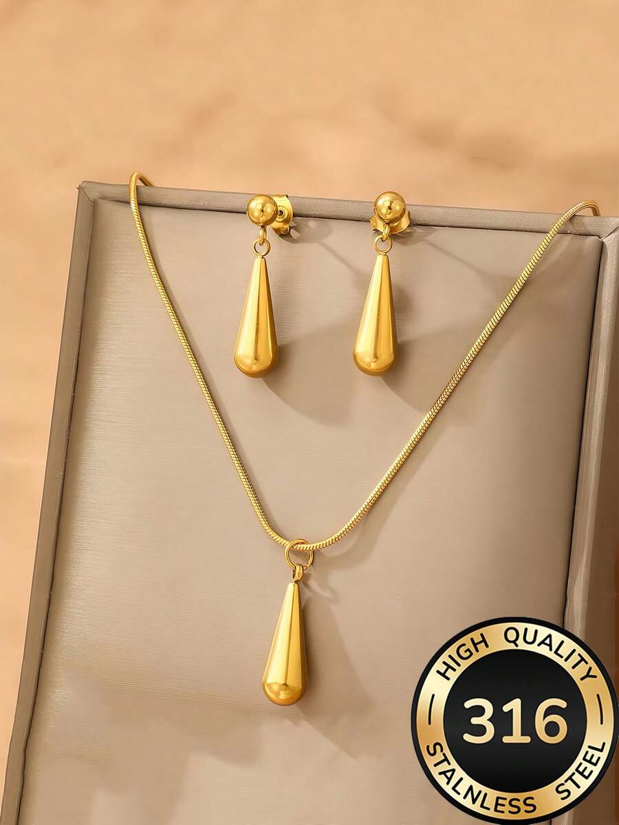 Bộ trang sức hình giọt nước tối giản tinh tế | Thép 316 mạ vàng 18K | Trang sức độc đáo dành cho nữ, không gây dị ứng, thích hợp cho mùa hè | Bộ trang sức hình giọt nước vàng, quà tặng lễ Phục Sinh - Bộ giọt nước - Xem 1