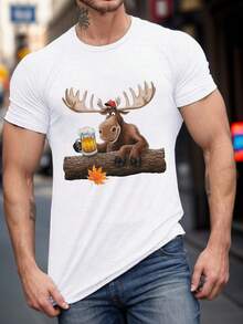 Men's Casual Crew Neck T-Shirt With Cartoon Moose And Beer Print, 100% Polyester Knit Fabric, Slight Stretch, Regular Fit, Summer Short Sleeve T-Shirt - 150 G/M² - 白色 - 查看 1