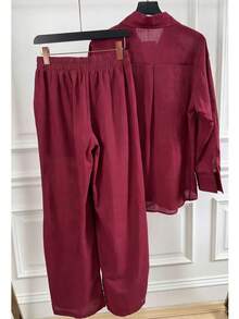 Linen Shirt And Pants Set (2 Pieces), Lined With Elastic. - 酒紅 - 查看 3