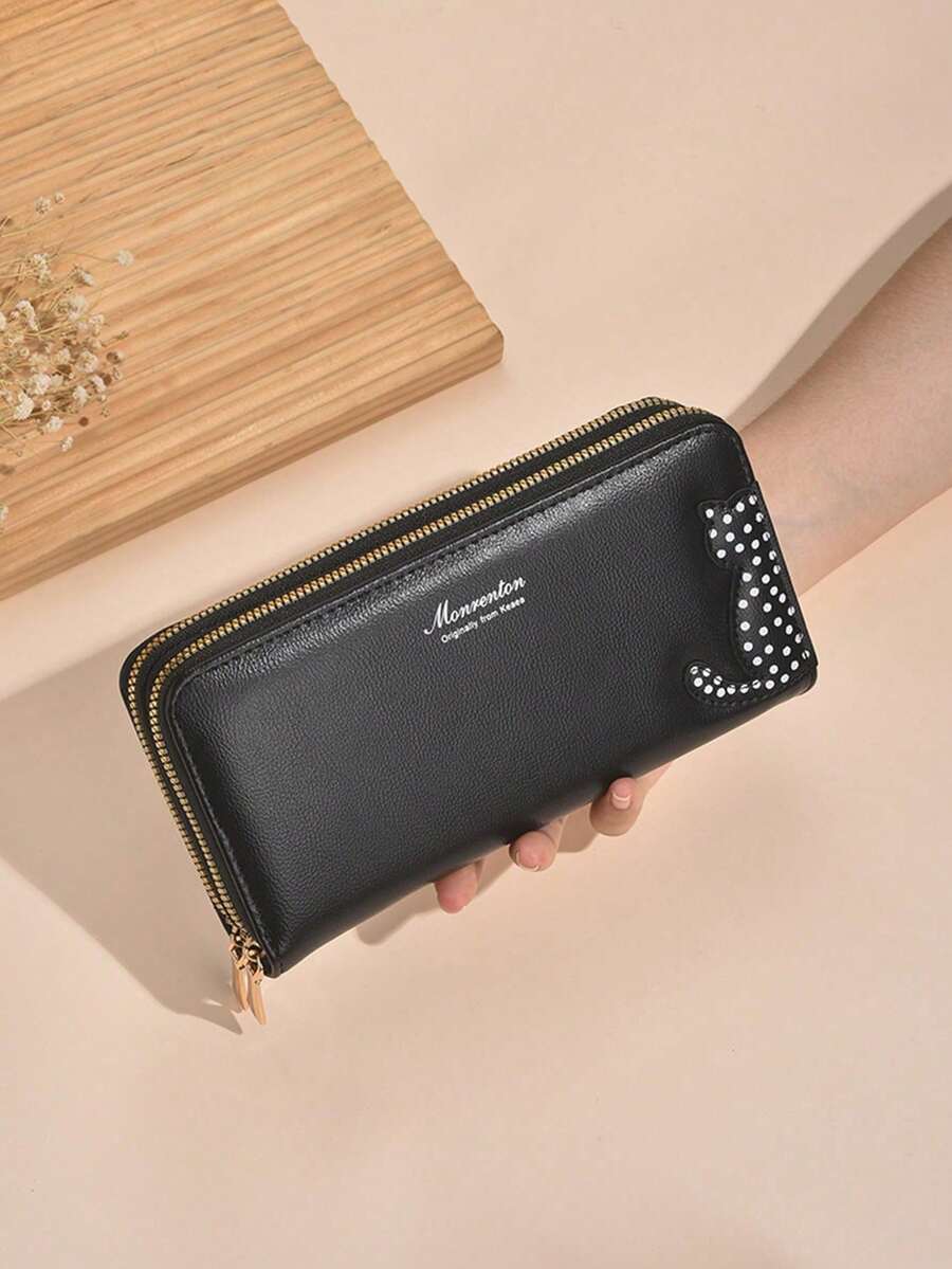 新款女士钱包，时尚长款手拿包，双层拉链手机袋，女士零钱包，长款钱包，夏季旅行必备 - 黑色 - 查看 1