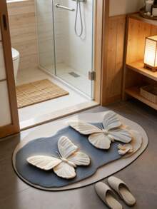 1 pieza Felpudo de múltiples usos con efecto visual 3D de flores y mariposas, de secado rápido - Lavar a mano solamente, con estampado, forma ovalada de alfombra de baño, alfombra de baño, alfombra de puerta, alfombra pequeña, alfombra, felpudo, decoración del hogar, alfombra de área, felpudo de exterior, decoración del hogar, alfombra de área, alfombra de dormitorio, alfombra lavable - Multicolor 2 - Ver 2