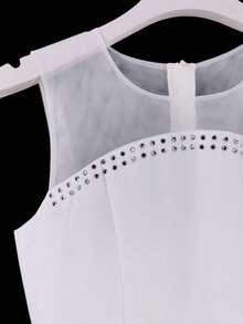 XUMPLO Tween Girls' Elegant Shoulder Invisible Mesh Rhinestone Satin & Mesh Hem Long Dress, Suitable For Party, Birthday, Banquet, Prom, Wedding, Spring/Summer - White - View 5