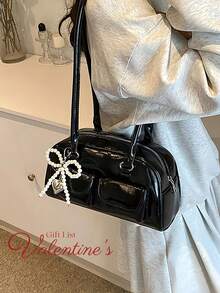 [US-Based Shipping]1pc Minimalist Retro Zipper Tote Bag, Black Patent Leather Pearl Bow Shoulder Bag For Women - Y2K Cute Mini Bowling Bag With Faux Pearl Bow Charm & Heart Pendant, Fashion Retro Handbag, Elegant Underarm Purse For Daily, Party, And Casual Outings,Decorated With Pockets, Dual Handles, Suitable For Women's Casual Commute, Streetwear And Japanese Style , Y2k - 黑色 - 查看 2