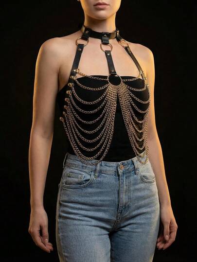 女士纯色真皮胸带，PU皮肩带，朋克风多层链条胸带，派对装扮配饰，手工女士胸带嘉年华装备胸链，送给她的最佳礼物