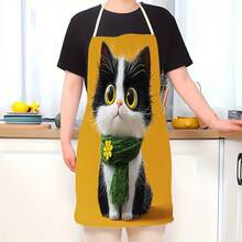 1 Stück Schwarz-Weiße Katze mit grünem Schal + Schürze, geeignet für Küche, Wohnzimmer, Esszimmer, Hotel, Outdoor-Grillen und andere Szenarien, hergestellt aus 100% Polyester, leicht, maschinenwaschbar - Verschiedenfarbig - Übersicht 8