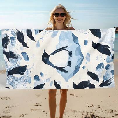 1pc Penguin Print Beach Towel, Soft Comfortable Lightweight Beach Towel, Suitable For Travel, Swimming, Diving, Surfing, Yoga, Camping, Beach Accessories