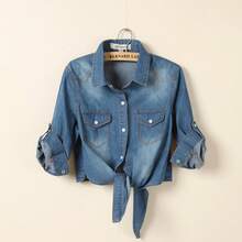 Popular Lace-Up Knotted Mid-Sleeve Denim Shirt With Shawl For Women, Korean Style, Short Thin Jacket - 深色中袖 - 查看 1