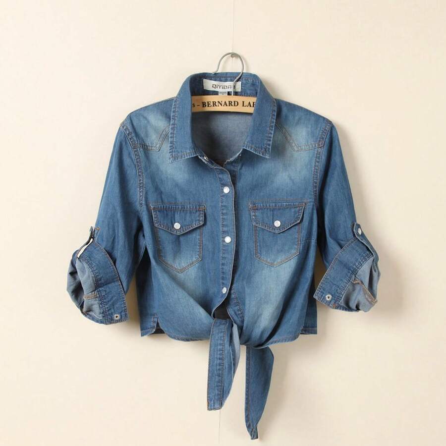 Popular Lace-Up Knotted Mid-Sleeve Denim Shirt With Shawl For Women, Korean Style, Short Thin Jacket - 深色中袖 - 查看 1