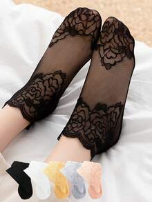 1/5/10双装 时尚女士蕾丝玫瑰花网眼袜 防滑隐形内衬袜 女式弹力舒适薄款透气短袜 柔软 - 彩色 - 查看 3