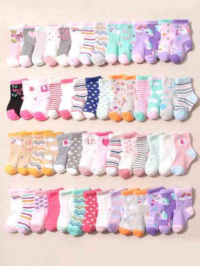10 Pairs Random Cartoon Infant Crew Socks, Soft Comfortable Breathable Cute Unicorn, Heart, Stripe Ankle Mid-Calf Socks, Elastic Casual Crew Socks, Butterfly Heart Stripe Casual Crew Socks Suitable For Daily Wear