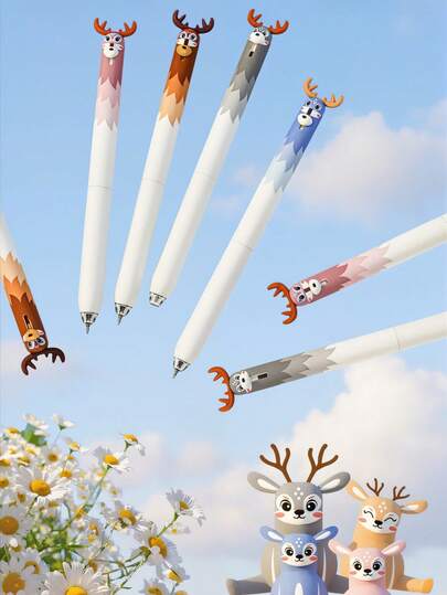 1/4pcs Cute Pet Deer Rotating Retractable Gel Pen, Antlers Can Rotate, 0.5mm Black Ink, ST Tip, Quick Dry, Smooth Writing Pen For Kids,Students Exam And Writing