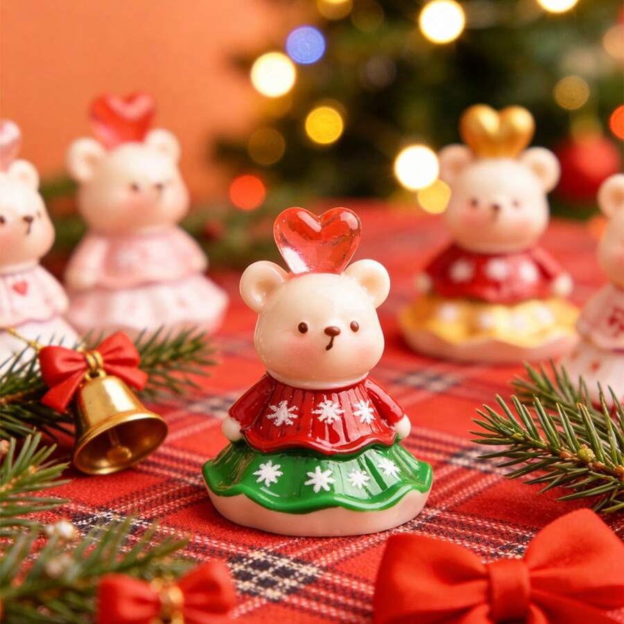 1pc Cute Bear Figurine, Heart Nose Bear Sweater Dress Teddy Bear Christmas Cartoon Doll Decor, DIY Hanging Accessory, Decorative Ornament - Style - View 1