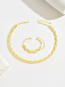 2pcs/Set Luxury Wheat Leaf Design Gold Plated Jewelry Set, Sparkling Zirconia Necklace & Bracelet For Women, Elegant Wedding Party Accessory - Imitation Gold - View 2