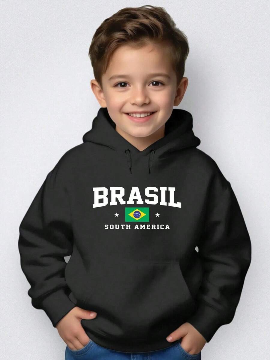 Kids' Kangaroo Hoodie Sweatshirt For Winter, Brazil, South Am, School, Shopping, Leisure, Boys And Girls, Premium Thermal, Comfortable Clothing - 黑色 - 查看 1
