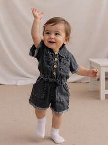 Toddler Girls Denim Overalls Shorts Short Sleeves Turn Down Collar Button Down Elastic Waist Jean Romper - Black - View 2