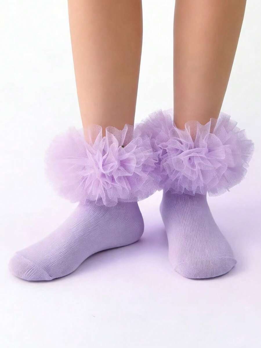 1 Đôi tất công chúa ren nhún cho bé gái, tất xếp ly mềm mại - Màu tím hoa cà - Xem 1