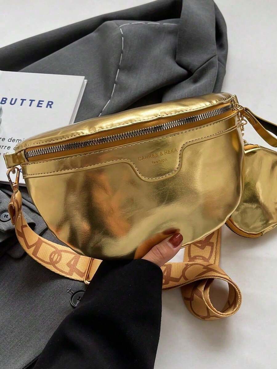 Tas Tangan Warna Polos yang Modis dan Serbaguna, Tas Selempang Kasual Minimalis Baru, Tas Kerja - Emas - View 1