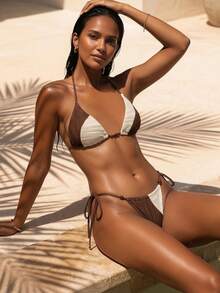 性感露背系带罗纹针织比基尼套装，高弹力侧系带泳裤，夏季 - 彩色 - 查看 6