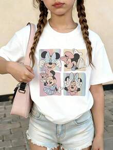 Disney Minnie Mouse Four-Panel Design, Macaron Color Gradient Background, Cartoon Style, Full Of Sweetness, Short-Sleeved Shirt Print Pattern Summer Tops,Short-Sleeved Casual And Cute Style  Children's Clothing Design, Girl Clothes For Kids ,Ropa Para Niños,Girl Clothes For Kids,Graphic Tee, Summer Clothes,Perfect For Cool Girls. Comfortable And Breathable Children's Short-Sleeved T-Shirt. Comfortable And Casual Wear All Year Round 180g Pure Cotton Children's Clothes,Comfortable & Lightweight, Iconic Print For Mix-And-Match Outfits,Suitable For Both Boys And Girls. - White - View 1