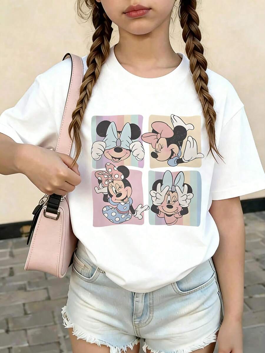 Disney Minnie Mouse Four-Panel Design, Macaron Color Gradient Background, Cartoon Style, Full Of Sweetness, Short-Sleeved Shirt Print Pattern Summer Tops,Short-Sleeved Casual And Cute Style  Children's Clothing Design, Girl Clothes For Kids ,Ropa Para Niños,Girl Clothes For Kids,Graphic Tee, Summer Clothes,Perfect For Cool Girls. Comfortable And Breathable Children's Short-Sleeved T-Shirt. Comfortable And Casual Wear All Year Round 180g Pure Cotton Children's Clothes,Comfortable & Lightweight, Iconic Print For Mix-And-Match Outfits,Suitable For Both Boys And Girls. - White - View 1